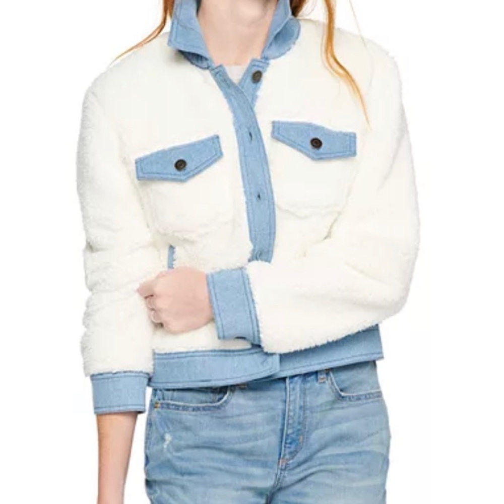 Lauren Lane White Fleece W Denim Trim Jacket Size Large NEW